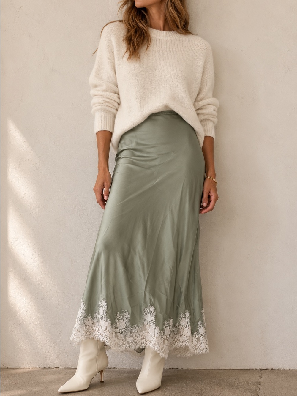 NWT house of Harlow pistachio green satin lace trim slip skirt